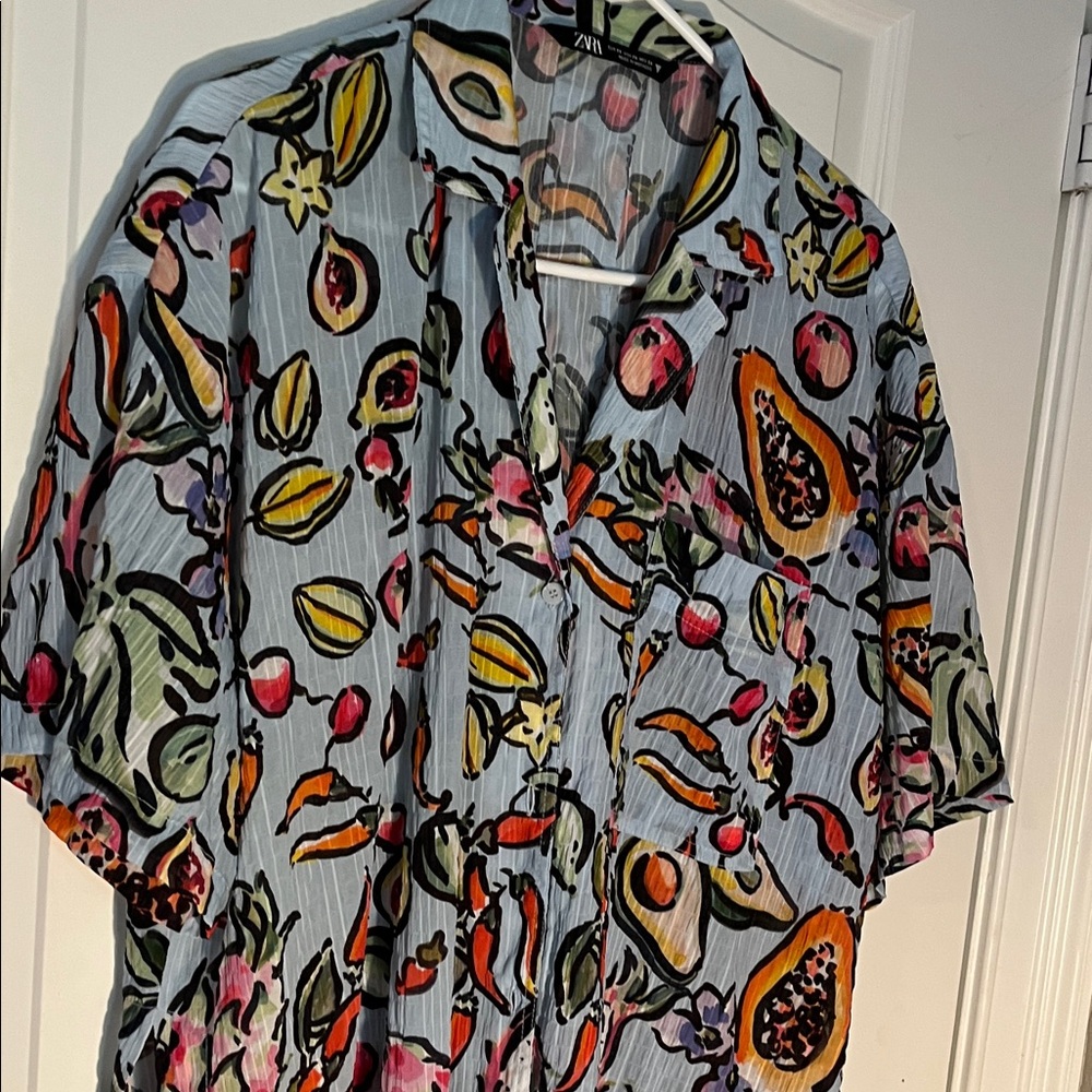 Zara Women's Multicolor Fruit Print Button Down Shirt